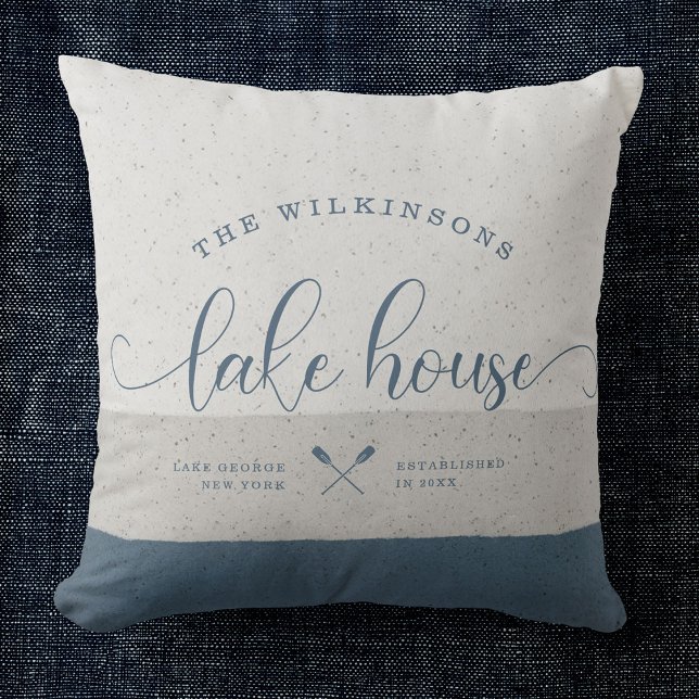 Modern Lake House Family Name Brush Script Blue Throw Pillow (Creator Uploaded)