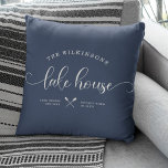 Modern Lake House Family Name Brush Script Blue Throw Pillow<br><div class="desc">Modern,  chic brush script reading LAKE HOUSE alongside your family name in a trendy typography driven design. Great custom home decor pillow for your home away from home. Both romantic and stylish,  our dusty navy blue pillow features a sweet canoe illustration between your location and the year established.</div>