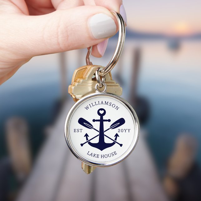 Modern Lake House Family Name Nautical Navy Blue Keychain (Creator Uploaded)