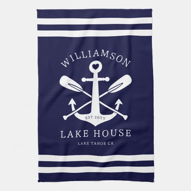 Modern Lake House Family Name Nautical Navy Blue Kitchen Towel (Vertical)