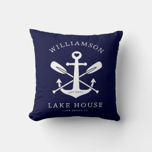 Modern Lake House Family Name Nautical Navy Blue Throw Pillow