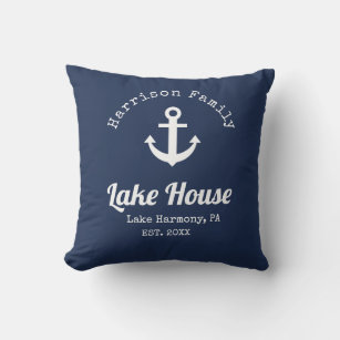 Modern Lake House Family Name  Throw Pillow