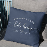 Modern Lake House Family Name Welcome Script Blue Throw Pillow<br><div class="desc">Modern, chic brush script reading WELCOME TO OUR LAKE HOUSE in a trendy typography driven design. Great custom home decor pillow for your home away from home. Both romantic and stylish, our dusty navy blue pillow features a sweet canoe illustration between your location and the year established. Works great for...</div>