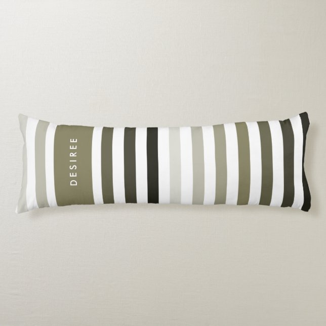 Modern Large Stripes and Name in Dried Herb Green Body Pillow (Front)