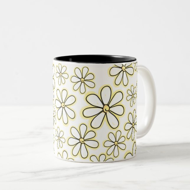 Modern Large White And Yellow Chalk Daisies Two-Tone Coffee Mug (Front Right)