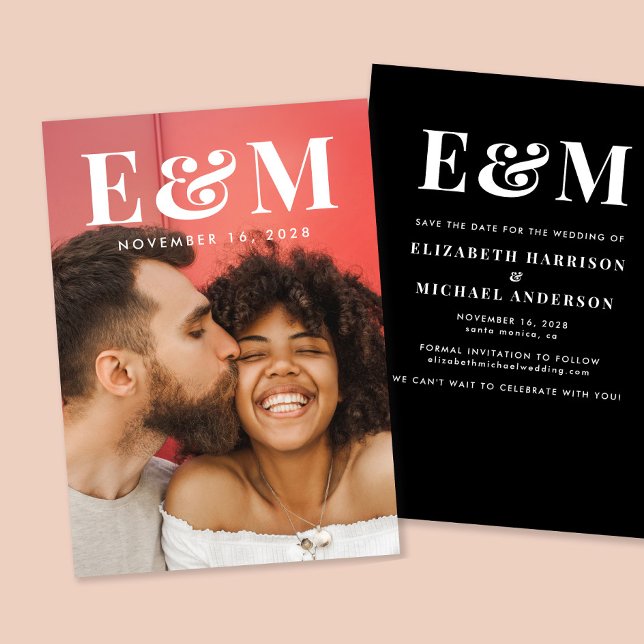 Modern Large White Monogram Initials Photo Black Save The Date (Creator Uploaded)