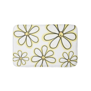 Modern Large White Yellow Chalk Daisies Pattern Bath Mat