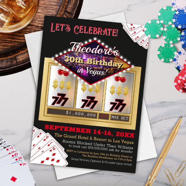 Modern Las Vegas Casino Night Birthday Invitation (Modern Las Vegas Desination Casino Theme Birthday Party Invitation for Him or Her)