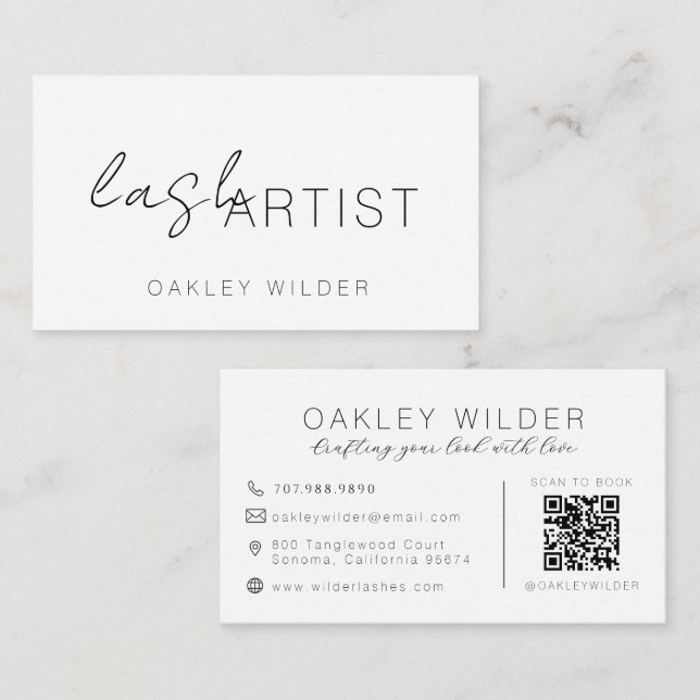 Modern Lash Artist Cocoa Script QR Code Business Card (Front/Back)
