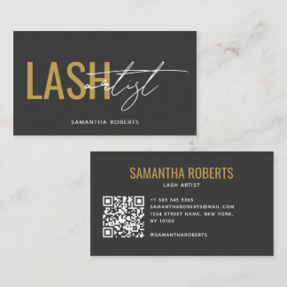 Modern lash artist QR Code grey gold Business Card