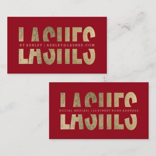 Modern lashes cut out faux gold typography red business card (Front/Back)