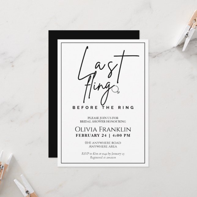 Modern last fling before the ring bridal shower invitation (Front/Back In Situ)