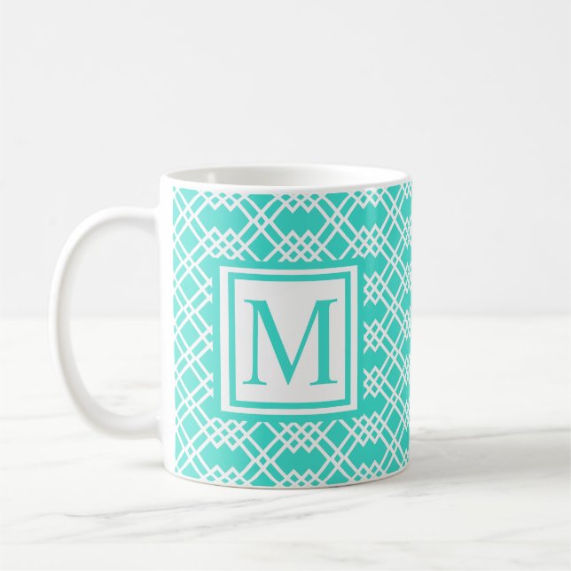 Modern Lattice Geo Monogram Turquoise & White Coffee Mug (Left)