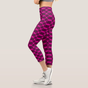 Modern Lattice Geometric Black & Raspberry Pink Capri Leggings