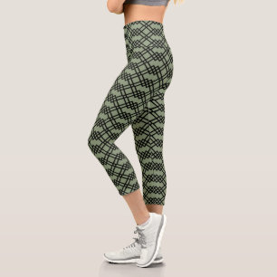 Modern Lattice Geometric Black & Sage Green Jade Capri Leggings