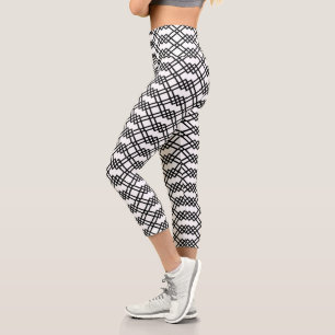 Modern Lattice Geometric Black & White Capri Leggings