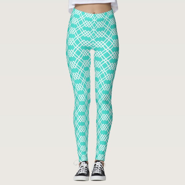 Modern Lattice Geometric Bright Turquoise & White Leggings (Front)