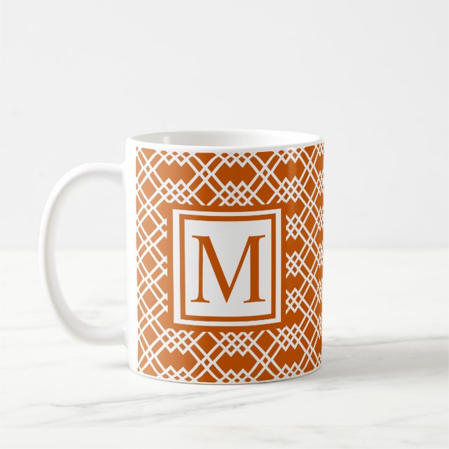 Modern Lattice Geometric Monogram Burnt Orange Coffee Mug (Left)