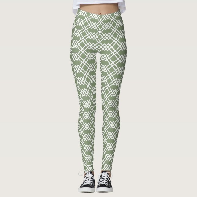 Modern Lattice Geometric Sage Green Jade & White Leggings (Front)