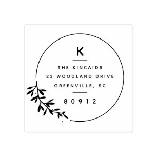 Modern laurel branch monogram return address rubber stamp