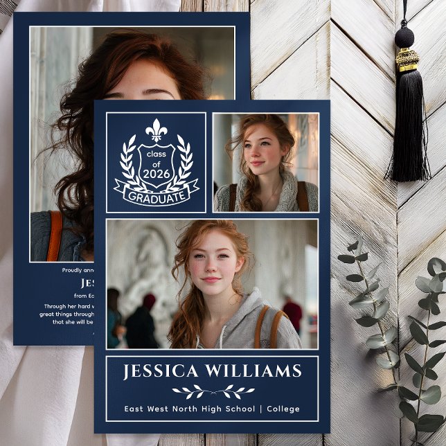 Modern Laurels 3 Photo Class of 2026 Graduation  Announcement (Modern Laurels | Fleur de Lis Crest Graduate 3 Photo Graduation Announcement -Print | Digital - Blue)