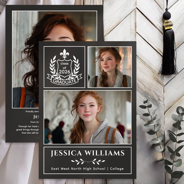 Modern Laurels 3 Photo Class of 2026 Graduation  Announcement (Modern Laurels | Fleur de Lis Crest Graduate 3 Photo Graduation Announcement -Print | Digital - Gray)