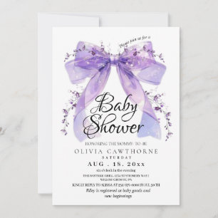 Modern Lavender Bow and Flowers Baby Shower Invitation