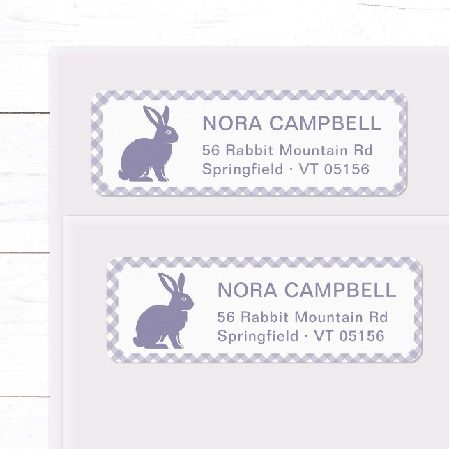 Modern Lavender Bunny Gingham Return Address (Modern, cute lavender bunny return address label with classic gingham checks background.)