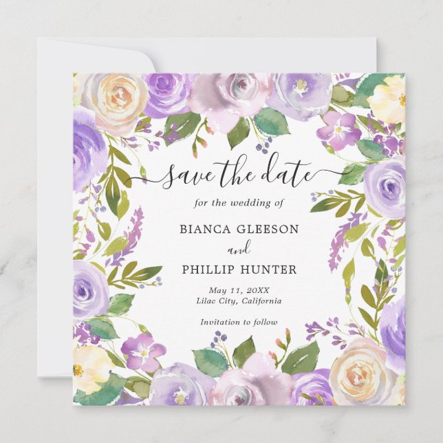 Modern Lavender Floral Elegant Wedding Save The Date (Front)