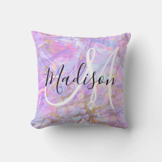 Modern Lavender Pink Marble Gold Monogram Name Throw Pillow