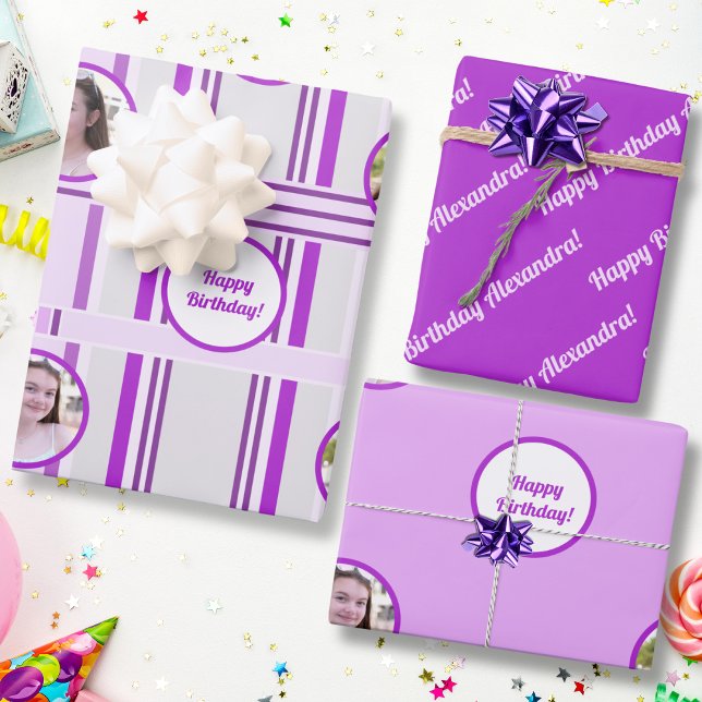 Modern Lavender Pink Pattern Stripe Photo Birthday Wrapping Paper Sheet (Creator Uploaded)