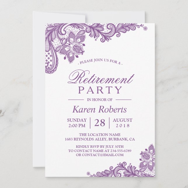 Modern Lavender Purple Lace Retirement Party Invitation (Front)