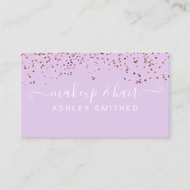Modern lavender rose gold confetti makeup hair business card (Front)