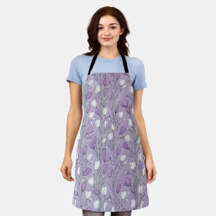Modern Lavender Tulip White Floral Pattern Apron
