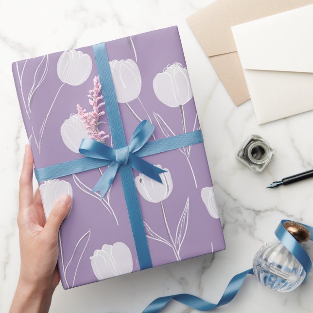 Modern Lavender Tulip White Floral Pattern Wrapping Paper (Gifting)