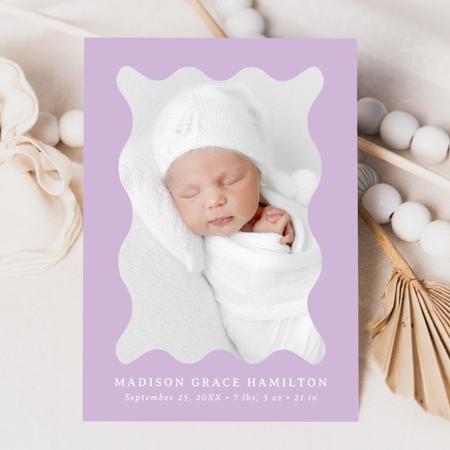 Modern Lavender Wavy Frame 2 Photo Birth Announcement (Creator Uploaded)