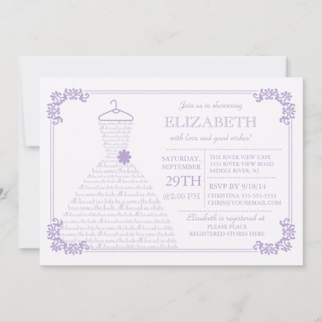 Modern Lavender Wedding Dress Bridal Shower Invitation (Front)