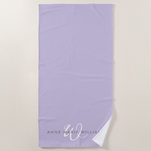Modern Lavender White Script Monogram Beach Towel (Front)
