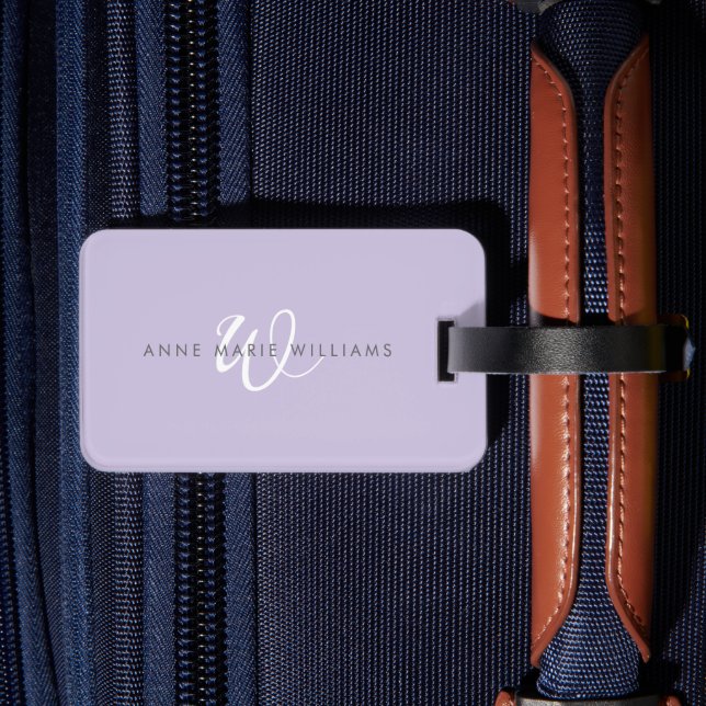 Modern Lavender White Script Monogram Luggage Tag (Back Insitu 2)