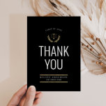 modern law school graduation thank you card<br><div class="desc">An elegant card with a black back and white text. The features of this design can be personalized.</div>