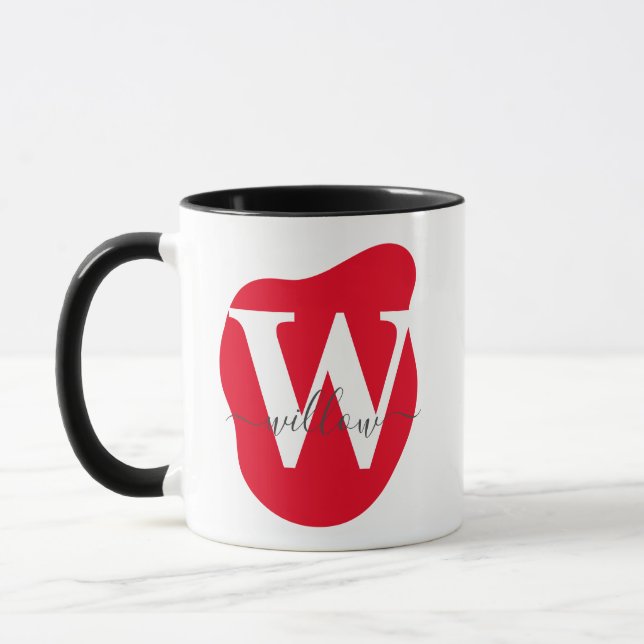 Modern Layered Personalized Red Abstract Monogram Mug (Left)