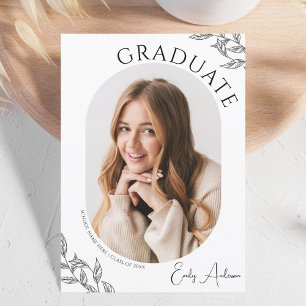 Modern Leaf Black White 2 Photo Graduation Party Invitation