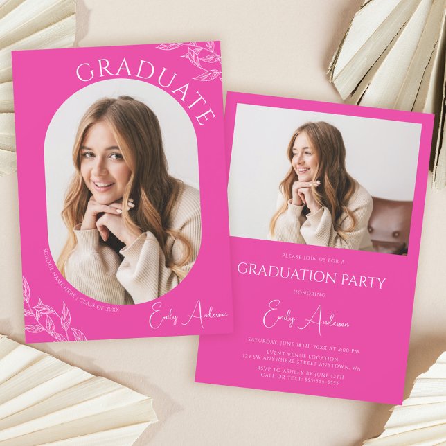 Modern Leaf Hot Pink 2 Photo Graduation Party Invitation (Creator Uploaded)