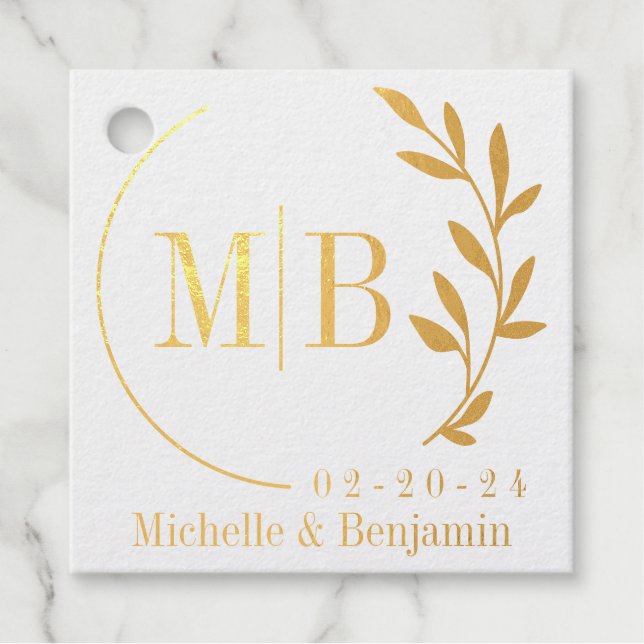 Modern leaf Monogram Foil Favour Tag (Front)