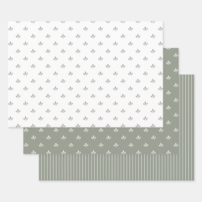 Modern Leaf Pattern and Pinstripes Dusky Green | Wrapping Paper Sheet (Set)