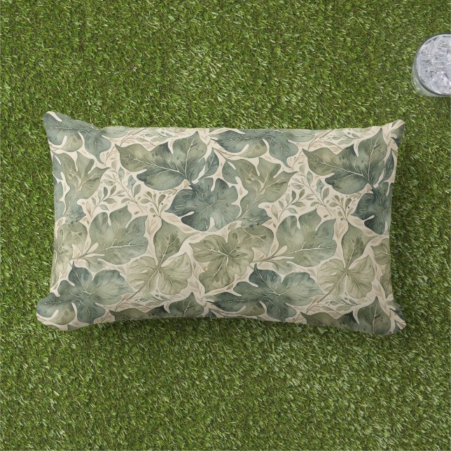 Modern Leaf Pattern in Sage and Teal Lumbar Pillow (Grass)