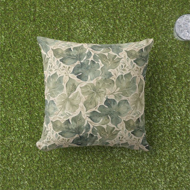 Modern Leaf Pattern in Sage and Teal Outdoor Pillow (Grass)
