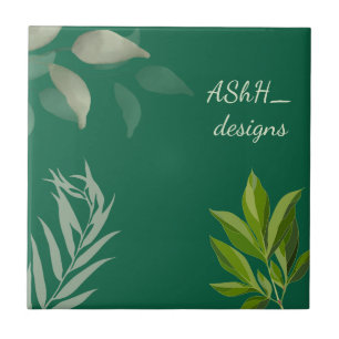 "Modern Leaf Pattern with Custom Name and date." Tile