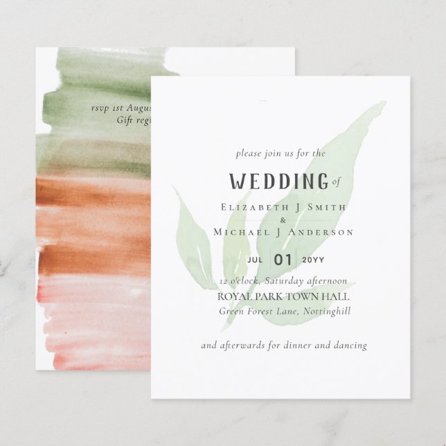Modern Leaf Watercolor WEDDING Invitation (Front/Back)