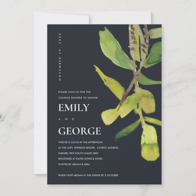 MODERN LEAFY CHIC BLACK FOLIAGE COUPLE SHOWER CARD (Front)